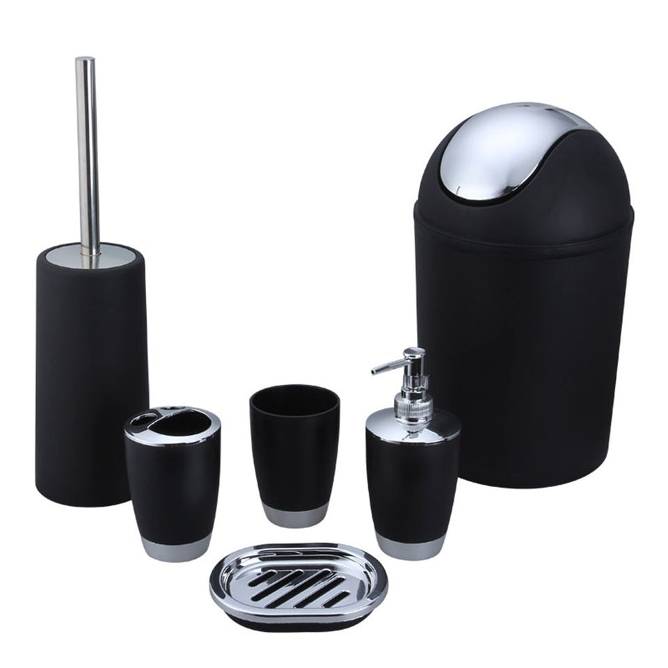 Set de accesorios de baño Etbotu, 6 piezas- Botella de loción, Copa de enjuague bucal, Jabonera, Portacepillos de dientes, Contenedor de residuos, Cepillo de tocador, Herramientas de lavado de artículos para el hogar, Negro, 1