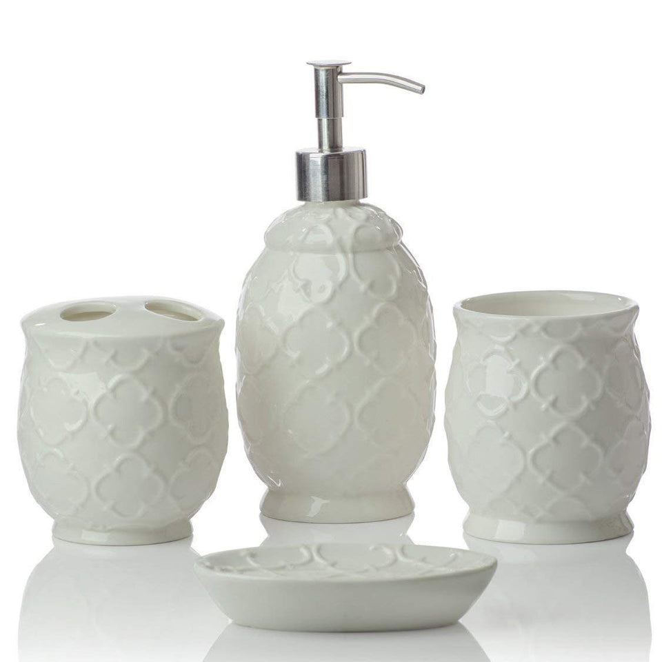 Designer Juego de cerámica Juego de accesorios de baño | Incluye Jabón Líquido o Loción Dispensador w/soporte para cepillos de dientes, vaso, jabonera | Trellis marroquí | Contour Gris
