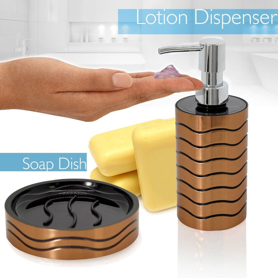 SereneLife - Juego de accesorios para baño y fregadero de 6 piezas - Acabado en bronce - El kit de accesorios modernos de tocador incluye vaso, soporte para cepillo de dientes y para retrete, dispensador de loción, jabonera y cesto - SLBATAC05