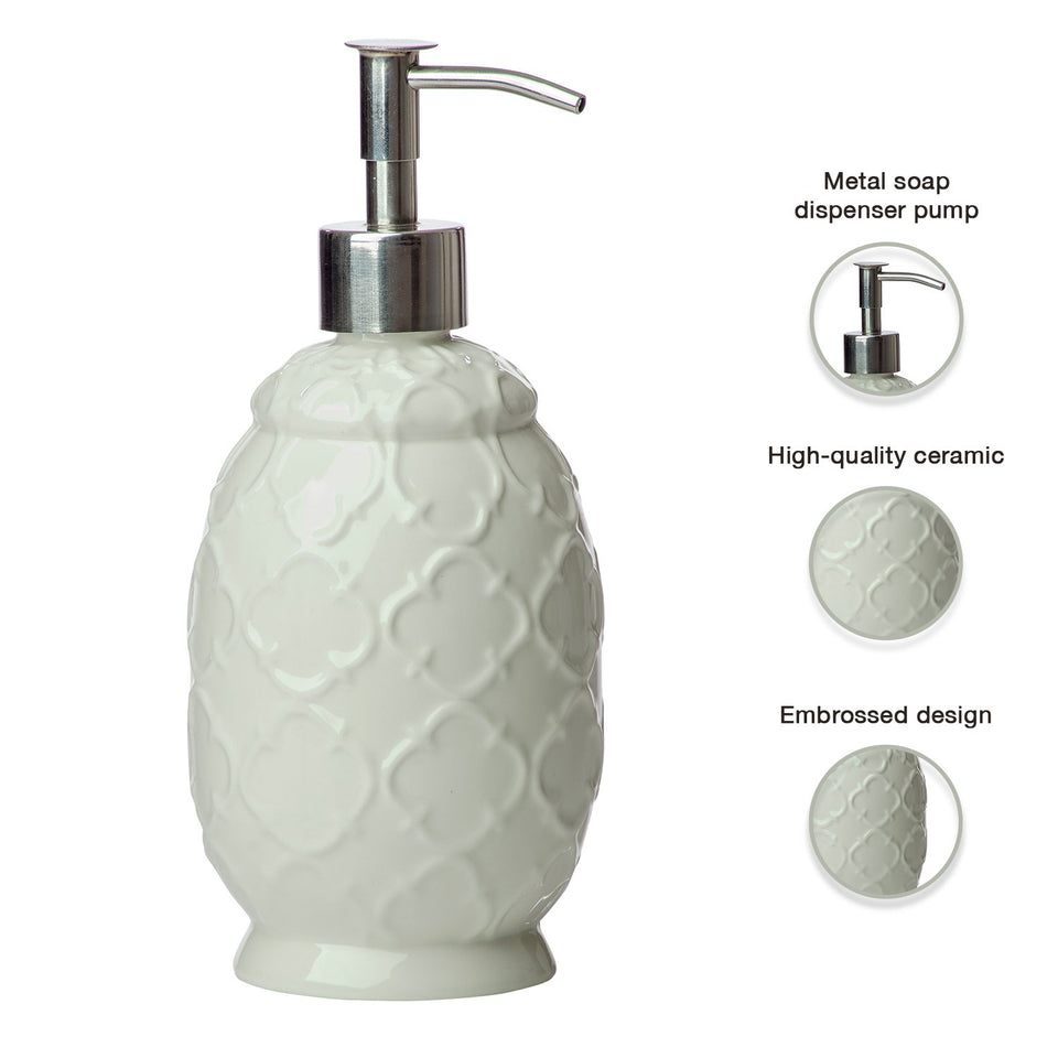 Designer Juego de cerámica Juego de accesorios de baño | Incluye Jabón Líquido o Loción Dispensador w/soporte para cepillos de dientes, vaso, jabonera | Trellis marroquí | Contour Gris