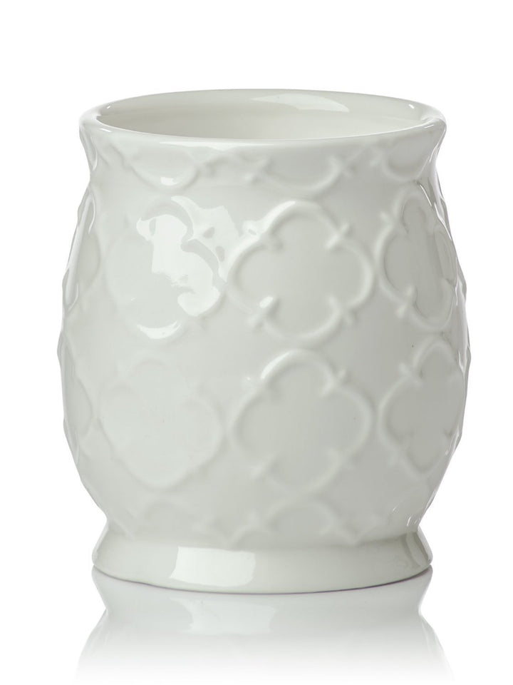 Designer Juego de cerámica Juego de accesorios de baño | Incluye Jabón Líquido o Loción Dispensador w/soporte para cepillos de dientes, vaso, jabonera | Trellis marroquí | Contour Gris