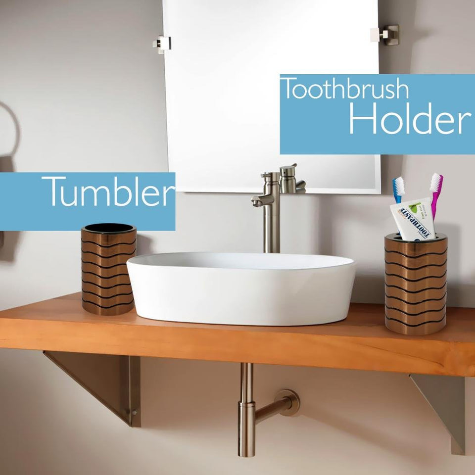 SereneLife - Juego de accesorios para baño y fregadero de 6 piezas - Acabado en bronce - El kit de accesorios modernos de tocador incluye vaso, soporte para cepillo de dientes y para retrete, dispensador de loción, jabonera y cesto - SLBATAC05