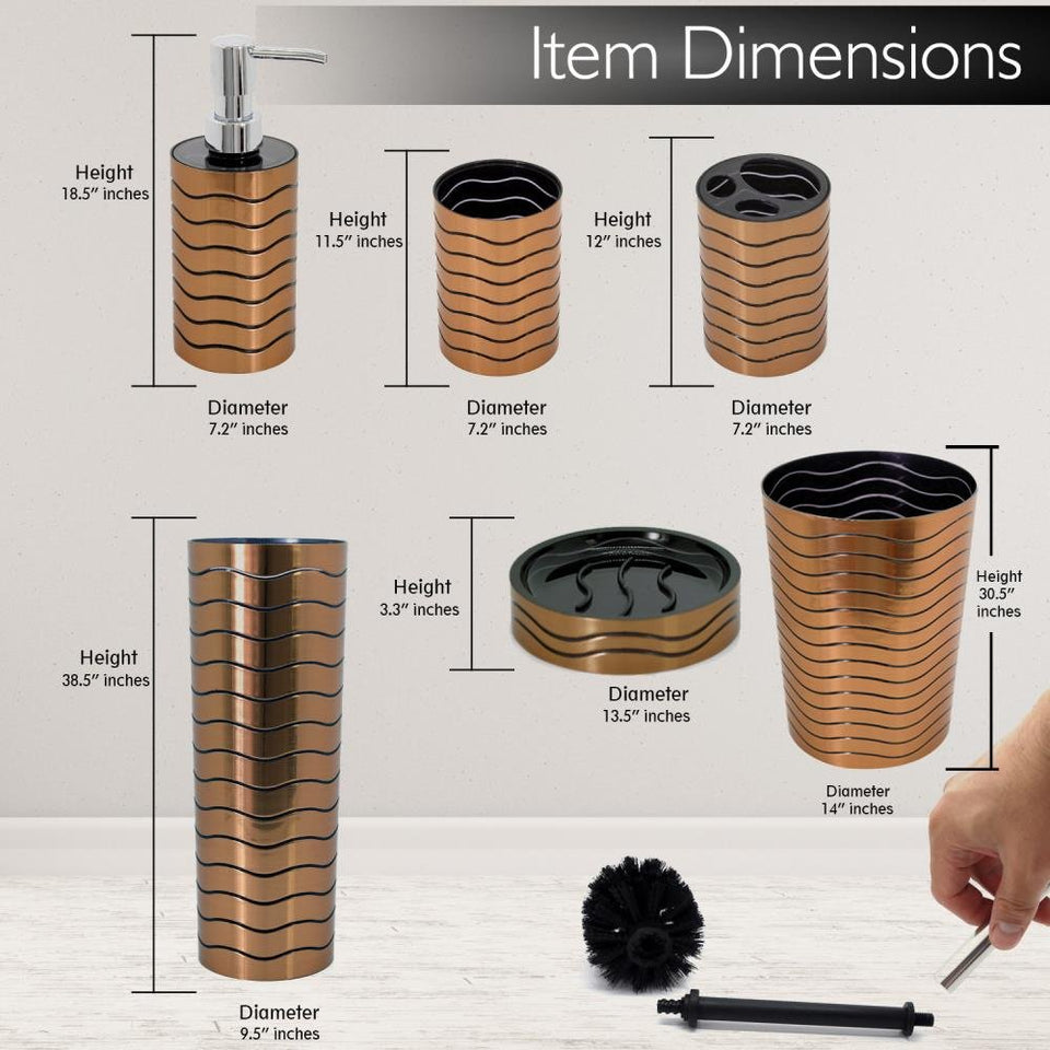 SereneLife - Juego de accesorios para baño y fregadero de 6 piezas - Acabado en bronce - El kit de accesorios modernos de tocador incluye vaso, soporte para cepillo de dientes y para retrete, dispensador de loción, jabonera y cesto - SLBATAC05